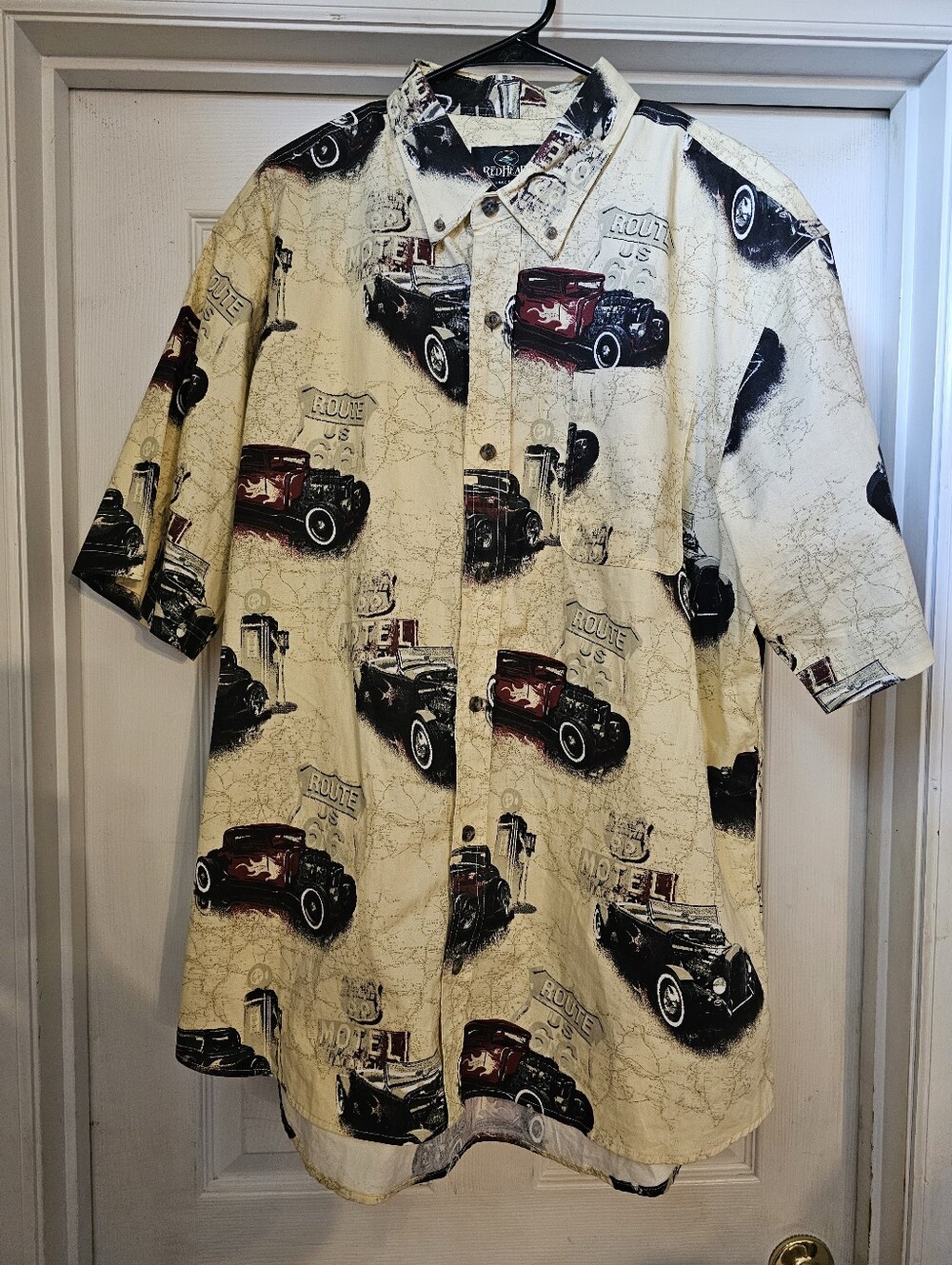 RedHead Cream Button-Down Shirt with Vintage Car Print. Size: XL.